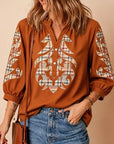 Plaid Appliqué Embroidery Ruffle Neck Blouse