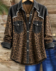 Leopard Denim Patchwork Button Down Shirt