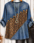 Leopard Denim Patchwork Roll-Tab Tunic
