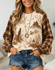 Plaid Sleeve Halloween Scenic Print Top
