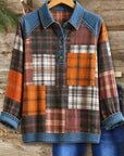 Plaid Patchwork Denim Trim Henley Tunic