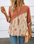Floral&Leaf Print Roll-Tab Sleeve Babydoll Top
