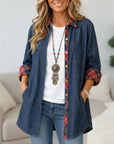 Plaid Trim Denim Tunic Shirt Jacket