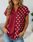 Polka Dot Patchwork V-Neck Short Sleeve Blouse
