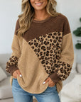 Leopard Patchwork Balloon Sleeve Fleece Pullover