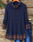 Plaid Patchwork Cowl Neck Ribbed Tunic
