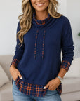 Plaid Patchwork Cowl Neck Ribbed Tunic