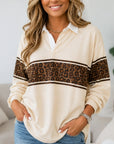 Leopard Patchwork Polo Collar Long Sleeve Top