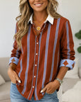 Vertical Stripe Contrast Collar Button-Up Shirt