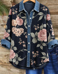 Floral Print Waffle Knit Denim Patchwork Shirt