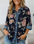 Floral Print Waffle Knit Denim Patchwork Shirt