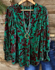 Floral Print Velvet V-Neck Balloon Sleeve Blouse