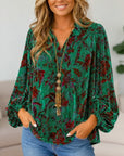 Floral Print Velvet V-Neck Balloon Sleeve Blouse