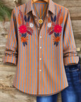Floral Embroidery Striped Button Shirt