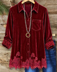 Velvet Lace Hem Patchwork Shirt Tunic