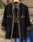 Leopard Patchwork Stand Collar Denim Jacket
