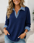 Waffle Knit Denim Patchwork V-Neck Tunic