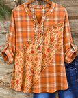 Plaid Floral Print Patchwork Roll-Tab Tunic