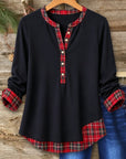 Plaid Patchwork Split Neck Long Sleeve Tunic