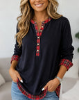 Plaid Patchwork Split Neck Long Sleeve Tunic