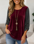 Velvet Patchwork Ruched Sleeve Scoop Neck Top