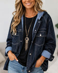 Hooded Denim Jacket with Striped Contrast Trim
