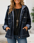 Hooded Denim Jacket with Striped Contrast Trim
