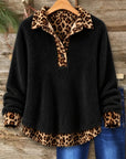 Leopard Trim Fleece Collared Pullover
