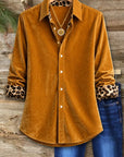 Leopard Trim Velvet Button-Up Shirt