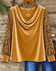 Leopard Sleeve Cowl Neck Velvet Top