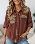 Leopard Patchwork Studded Crinkle Cotton Shirt