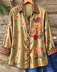 Floral Print Satin Leopard Trim Shirt