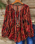 Paisley Print Velvet Balloon Sleeve Blouse