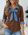 Denim Bow Collar Tunic Top