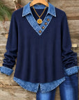 Denim Collar V Neck Patchwork Top