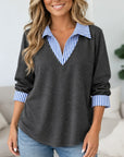 Striped Collar V-Neck Long Sleeve Top