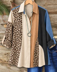 Leopard Patchwork Roll-Tab Sleeve Tunic Shirt