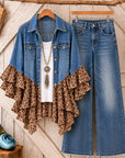 Leopard Print Denim Patchwork Ruffle Jacket