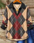 Argyle Print Collared V-Neck Tunic Top