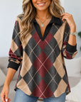 Argyle Print Collared V-Neck Tunic Top