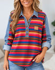 Striped Denim Patchwork Henley Tunic