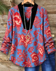 Floral Print Velvet Trim V-Neck Tunic