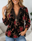 Floral Print Velvet Lace V-Neck Top