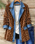 Fleece-Lined Leopard Velvet Denim Patchwork Tunic Jacket