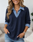 Denim Collar V-Neck Brushed Tunic Top