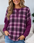 Purple Plaid Ribbed Sleeve Henley Tunic