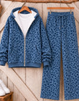 Blue Leopard Print Zip Up Hoodie Set