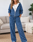 Blue Leopard Print Zip Up Hoodie Set