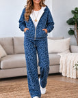 Blue Leopard Print Zip Up Hoodie Set
