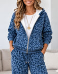 Blue Leopard Print Zip Up Hoodie Set